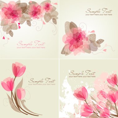 Set of 4 Romantic Flower Backgrounds in pink and white colours.