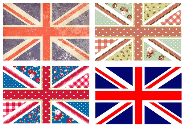 4 süße britische Flaggen im Shabby Chic Blumen- und Vintage-Stil — Stockvektor