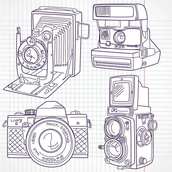 Cool ručně kreslenou starý fotoaparát sada, všechny legendy čas — Stockový vektor