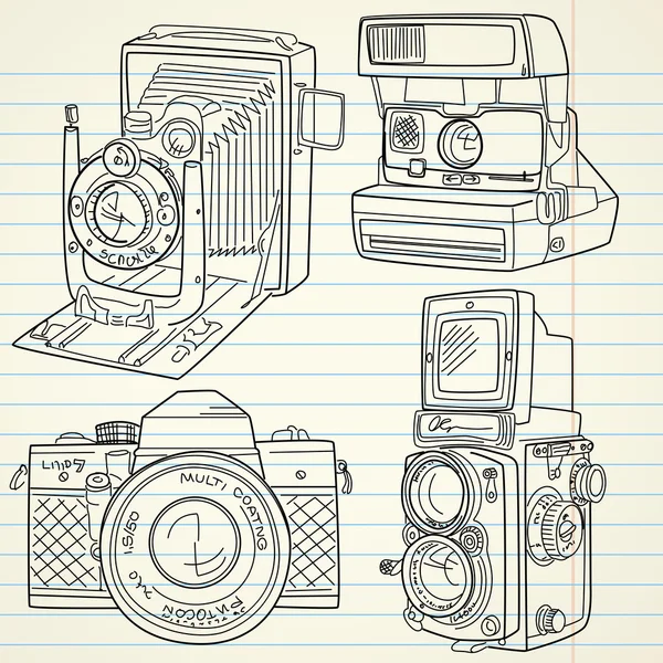 Cool hand drawn old camera set, all time legends — Stock Vector