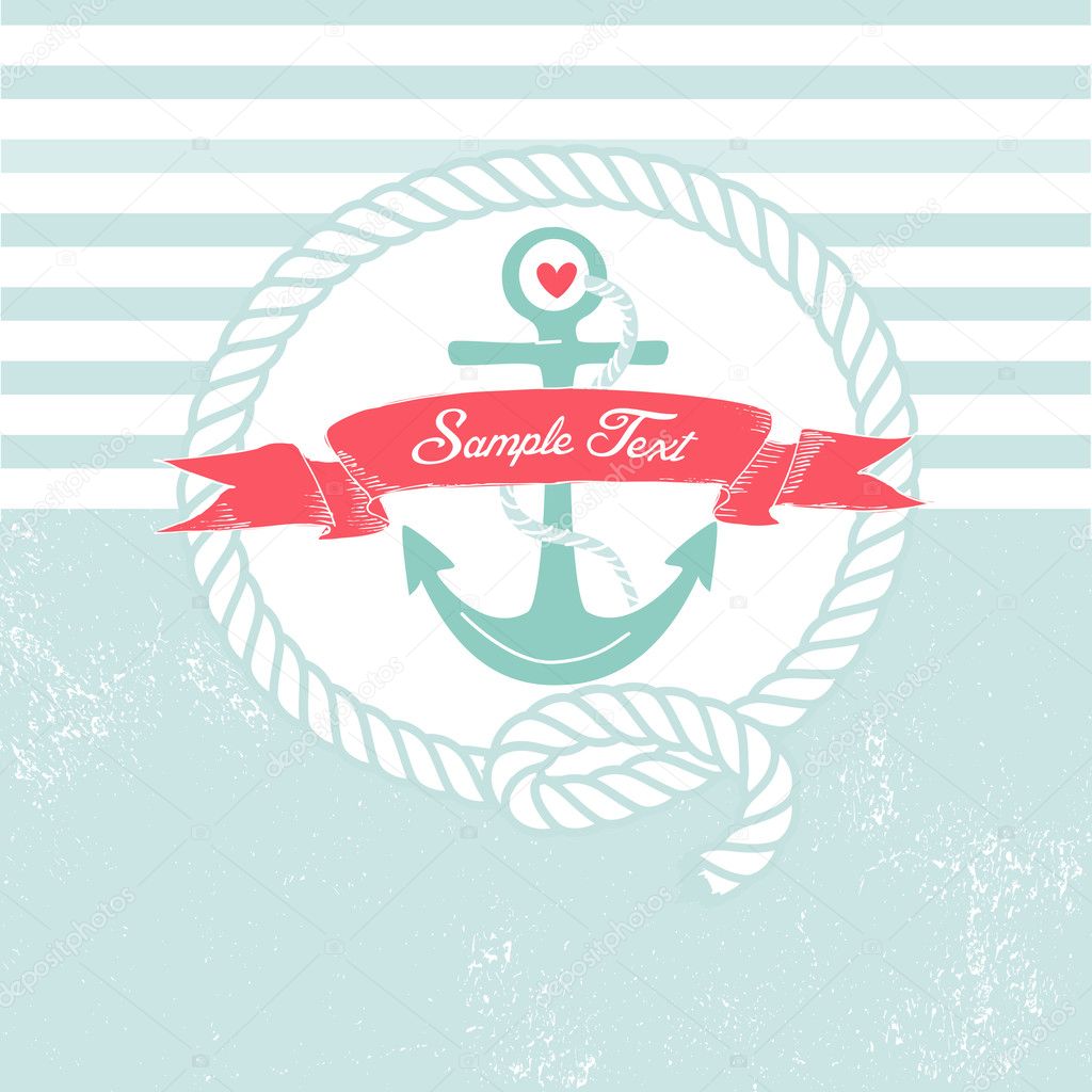 Cute Nautical Background with anchor, rope, flag and a heart