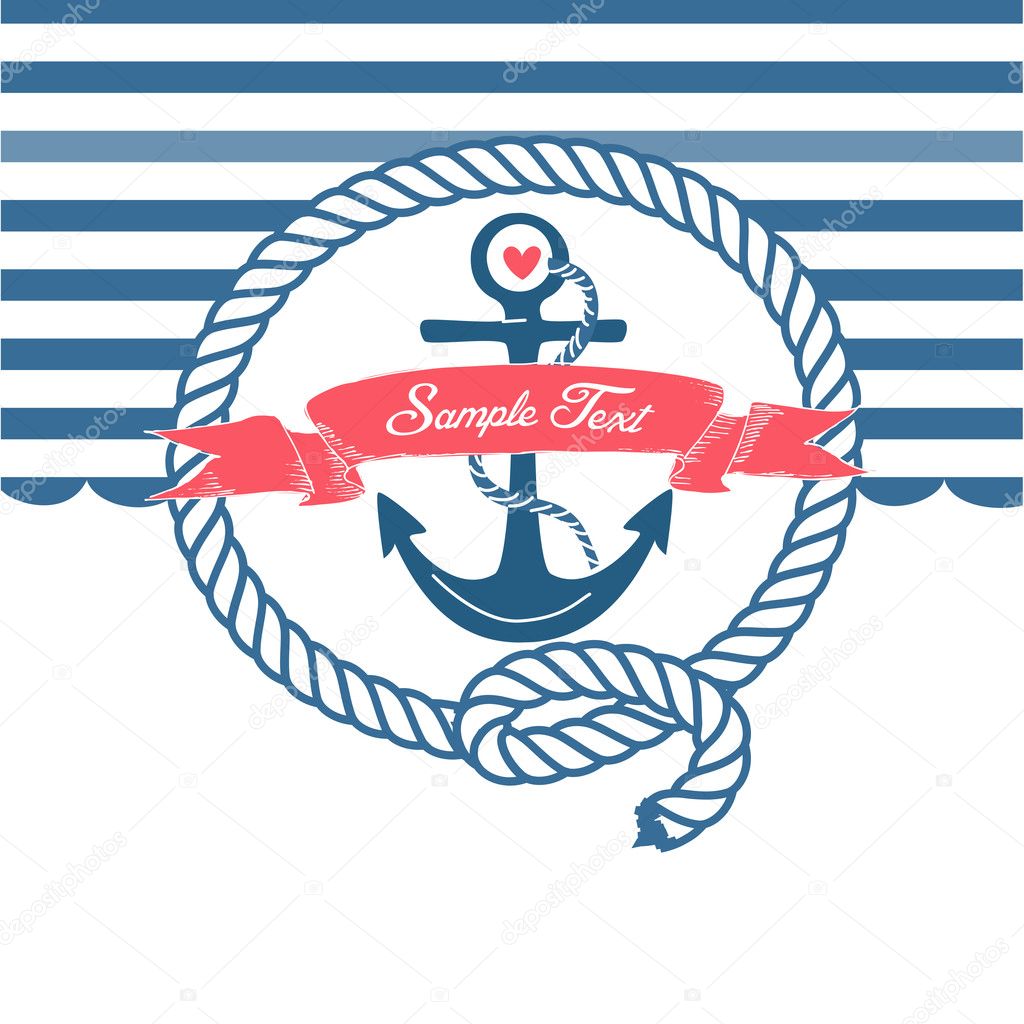 Cute Nautical Background with anchor, rope, flag and a heart