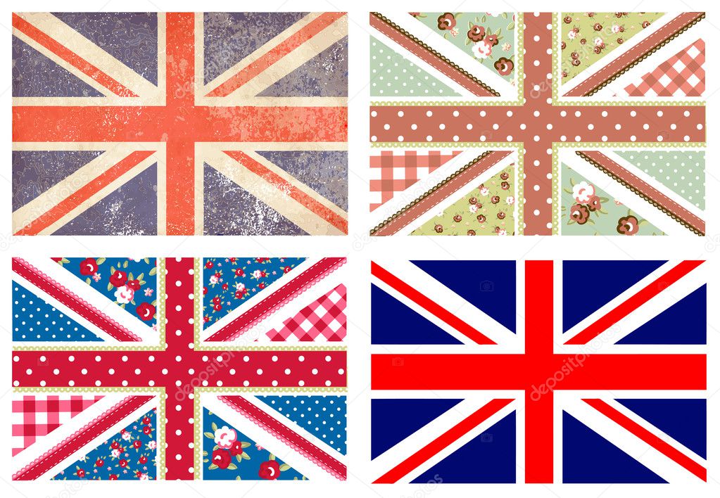 4 Cute British Flags in Shabby Chic floral and vintage style