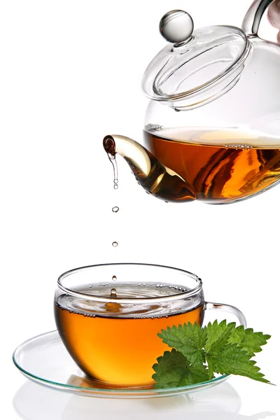 Tea dripping into cup (clipping path) — Stock Photo, Image