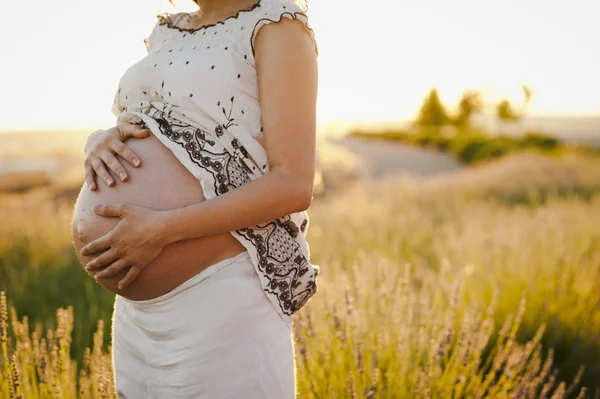 Zwangere buik op het veld — Stockfoto