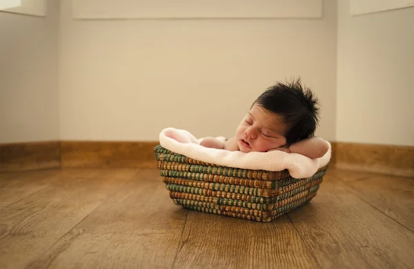 Newborn on a basket dreaming — Stock Photo, Image