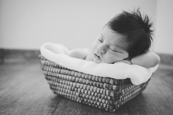 Vintage portrait of a sweet newborn on a basket — Stock Photo, Image
