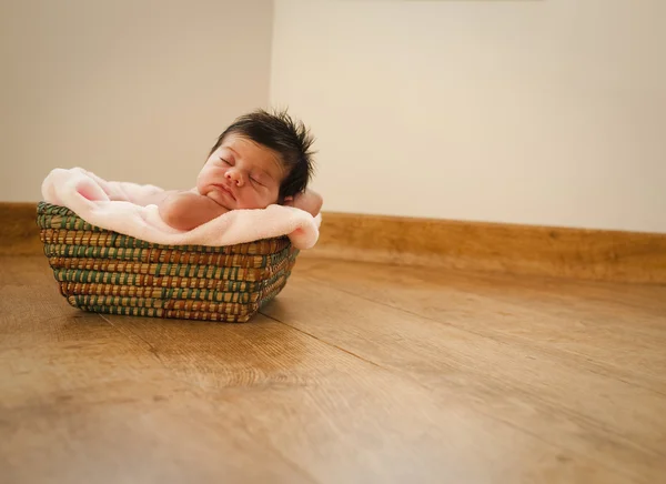 Sweet newborn sleeping on a basket — Stock Photo, Image