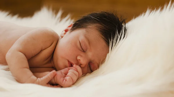Портрет новорожденного, спящего на ковре — стоковое фото
