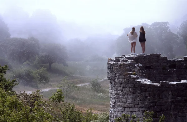 stock image Women Overlooking Bright Foggy Valley