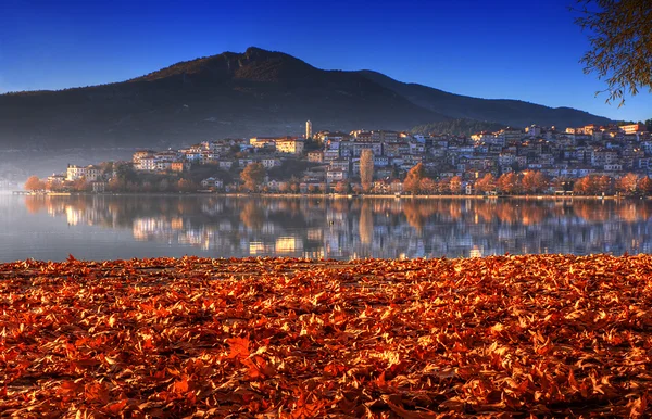 Пейзаж восени, вид на місто над золотими листям Стокове Фото