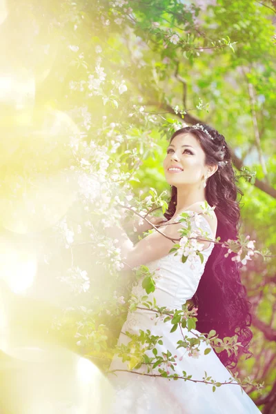 Hermosa novia en un jardín floreciente —  Fotos de Stock