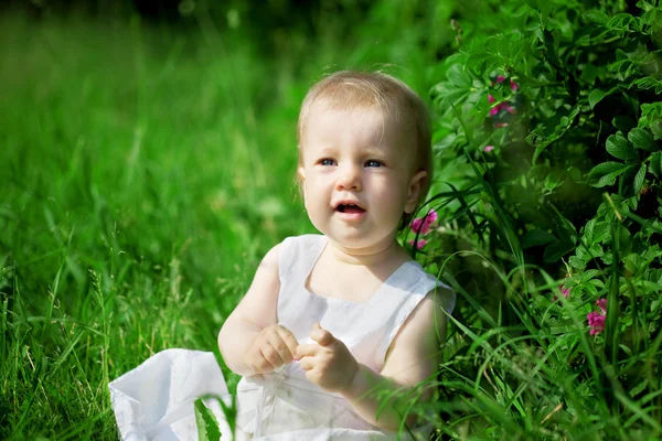 绿色的草坪上的小漂亮女孩 — 图库照片