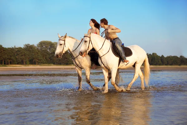 Νεαρό ζευγάρι στη θάλασσα με το άλογο — Φωτογραφία Αρχείου