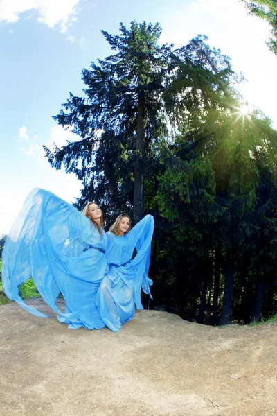 Dos mujeres, gemelas en el bosque — Foto de Stock