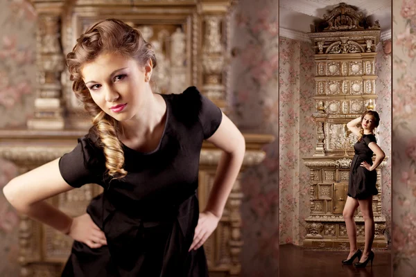 Luxe meisje, temidden van de vintage interieur — Stockfoto