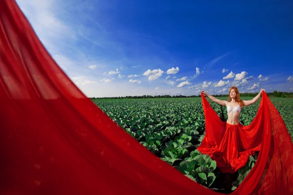 Beautiful girl in a field with red fabric — Stock Photo, Image
