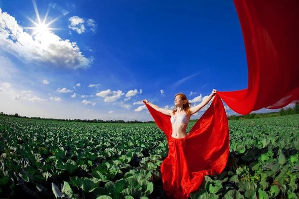 Beautiful girl in a field with red fabric — Stock Photo, Image