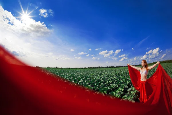 Menina bonita em um campo com tecido vermelho — Fotografia de Stock