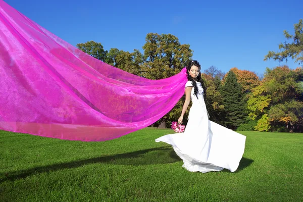 Noiva de beleza com um longo véu roxo — Fotografia de Stock