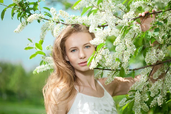 Primavera mulher florescendo jardim — Fotografia de Stock