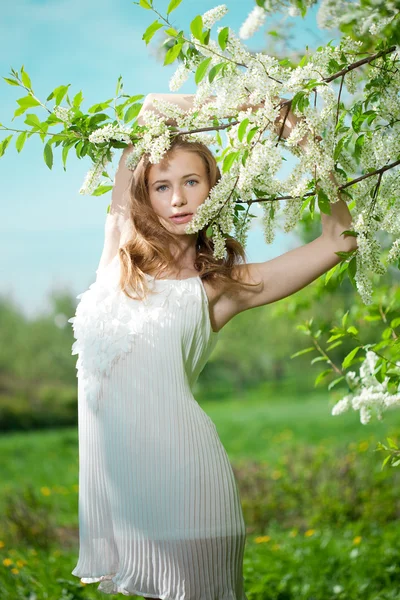 Весняна жінка квітучий сад — стокове фото