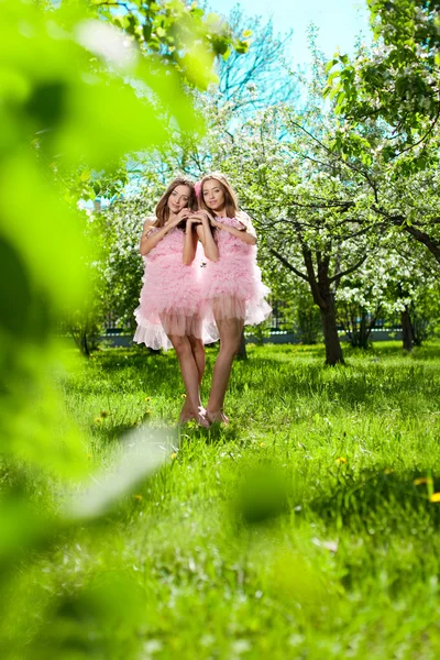 Twins in pink doll style — Stock Photo, Image