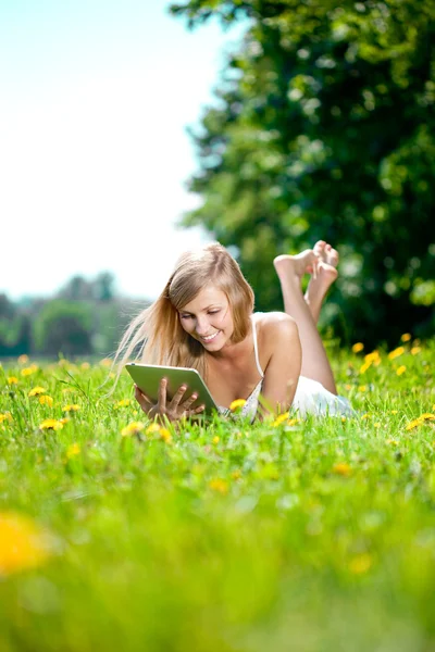 태블릿 pc, 야외에서 아름 다운 웃는 여자 로열티 프리 스톡 사진