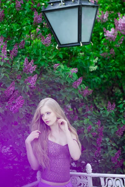 Donna con fiori lilla . — Foto Stock
