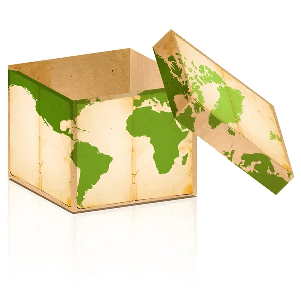 Nyitott régi doboz, a world map rajta — Stock Fotó