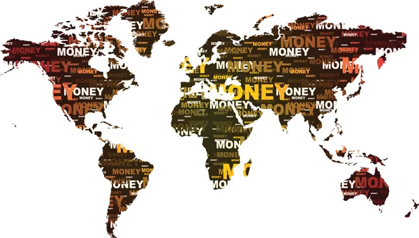 Kaart van de wereld bestaat uit geld tekst — Stockvector