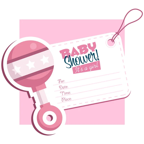 ピンクの赤ちゃんのガラガラの招待カード — ストックベクタ
