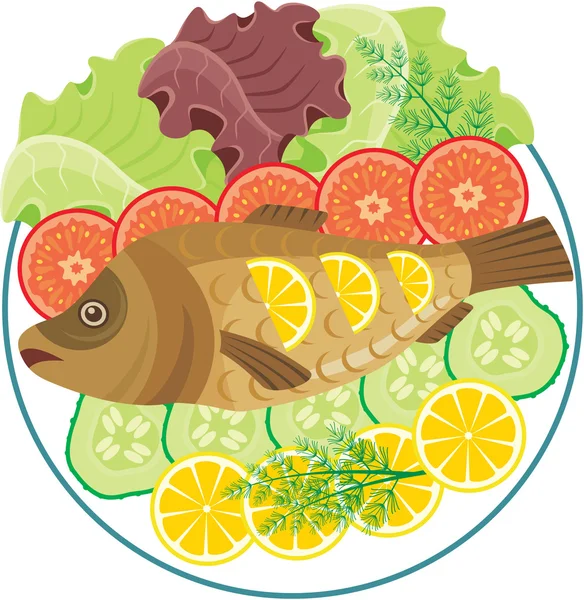 Dish with the baked fish — Stock Vector