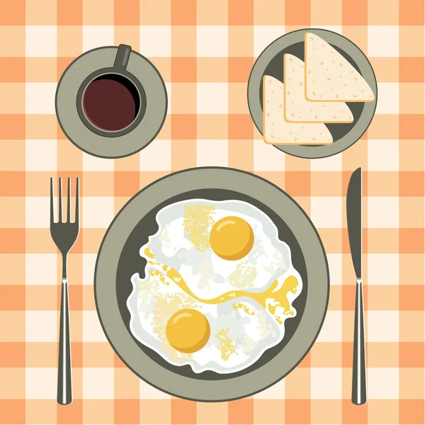 Huevos fritos en un plato, café y pan — Vector de stock