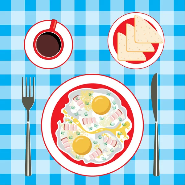 Fried eggs in a plate, coffee and bread — Stock Vector