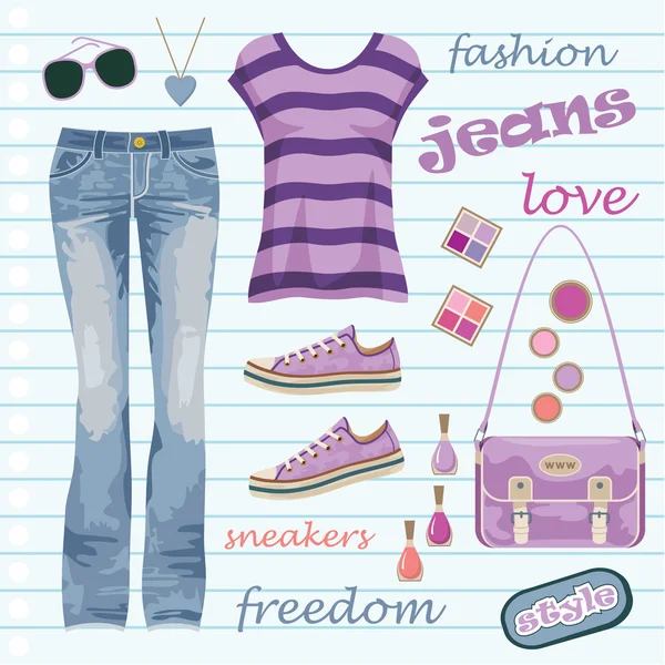Jeans conjunto de moda — Vector de stock