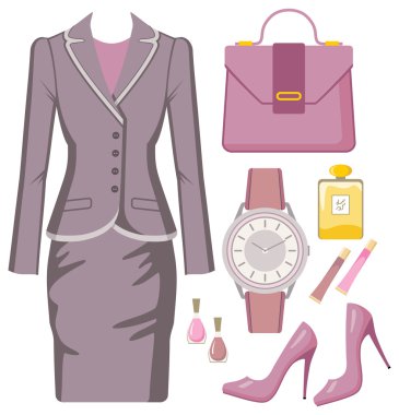 Kadın takım elbisesi, aksesuarlar ve kozmetik ürünleri seti.