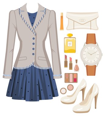 Fashion set from a female suit, accessories and cosmetics clipart