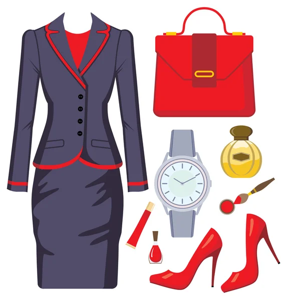 Conjunto de moda de un traje femenino, accesorios y cosméticos — Vector de stock