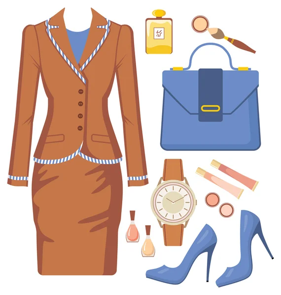 Kadın takım elbisesi, aksesuarlar ve kozmetik ürünleri seti. — Stok Vektör