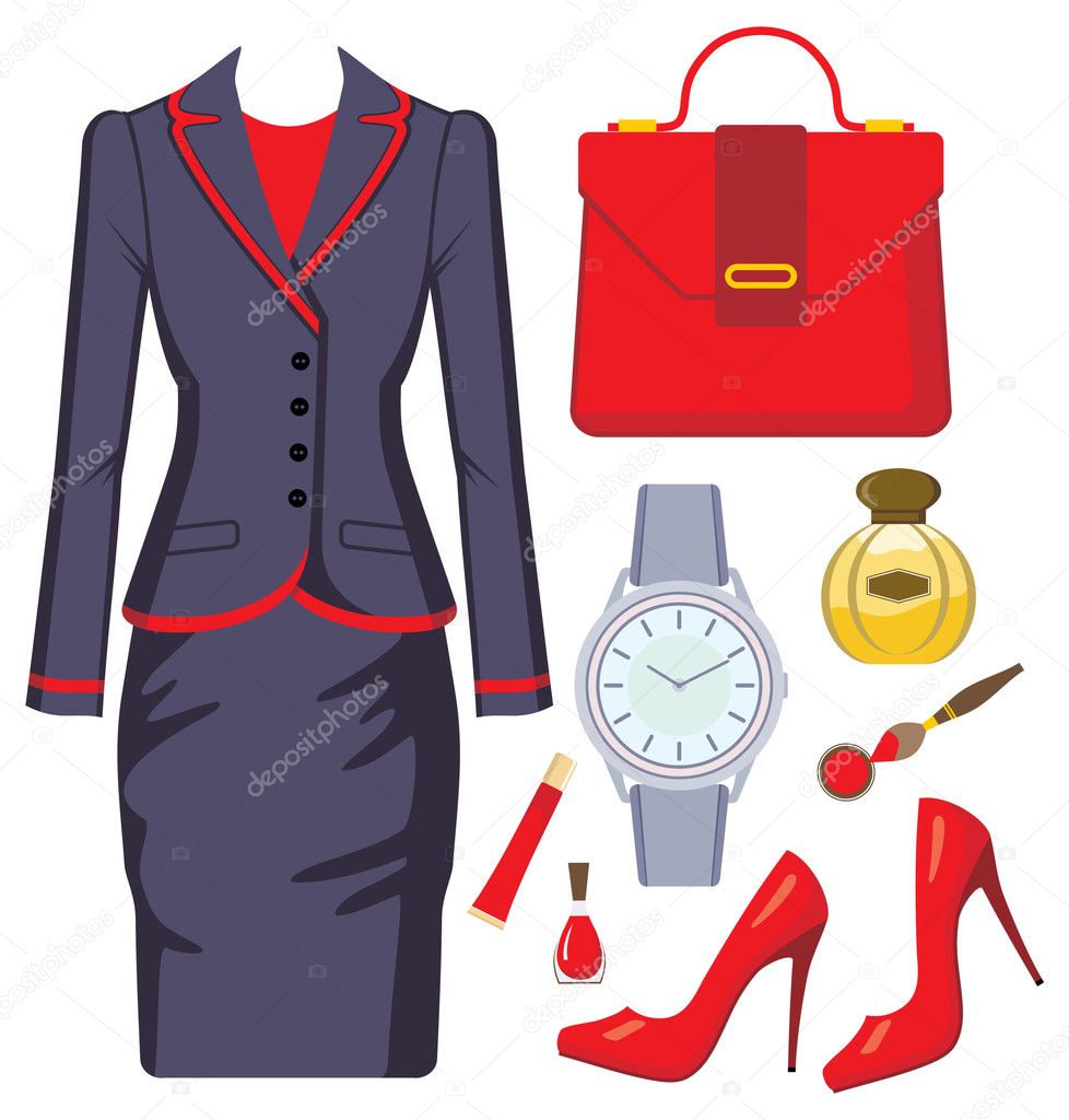 Fashion set from a female suit, accessories and cosmetics