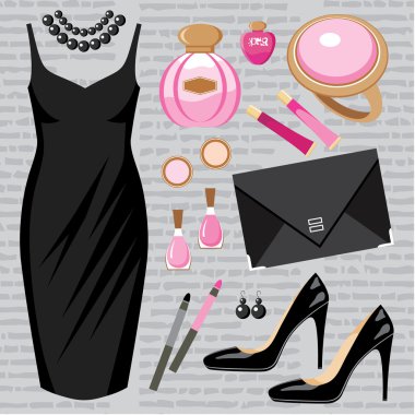 Fashion set with a cocktail dress clipart