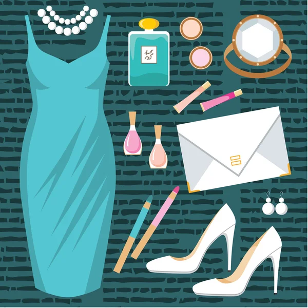Conjunto de moda com um vestido de cocktail — Vetor de Stock