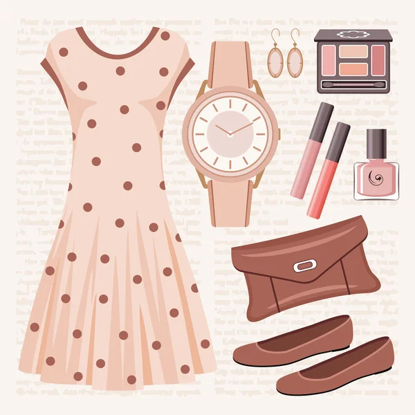 Set de moda en tonos pastel con un vestido — Archivo Imágenes Vectoriales