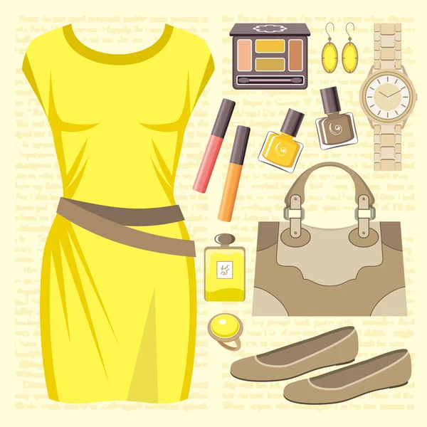 Fashion set with a casual dress — Stock Vector