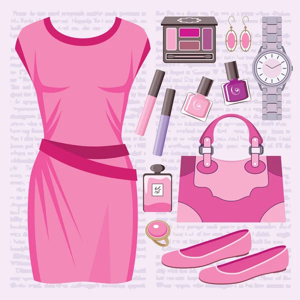 Set de moda con un vestido casual — Vector de stock