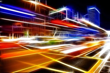 High speed and blurred bus light trails in downtown nightscape clipart