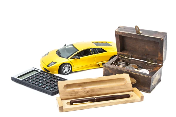 Money, car and pen — Stock Photo, Image