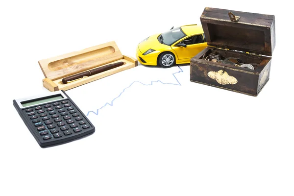 Dinheiro, carro, calculadora e caneta Fotos De Bancos De Imagens Sem Royalties