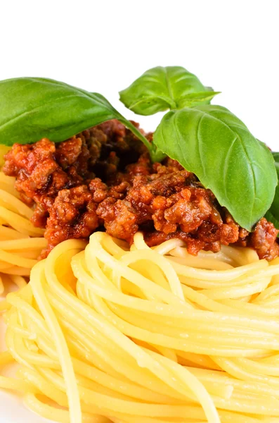 Spaghetti bolognese with leaf basil — Stock Photo, Image
